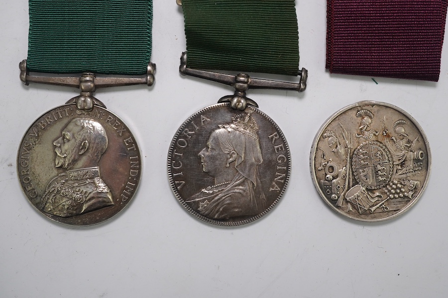 Three LSGC medals; Vict LSGC disc only to 3448 Pens'd Gnr John French Coast Bde R.A.; Vict Volunteer Long Service medal (renamed) to Sergt-William Appleby- 2nd V.B.Glouc-Regt; GV Volunteer Long Service medal to Pte.G.F.H